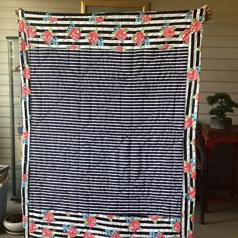 NWT. Hand Crafted Pink and Black Striped With Roses Floral Quilt